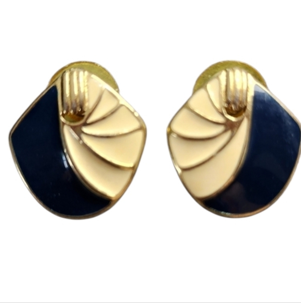 Trifari Goldtone Blue & Cream Enamel Asymmetrical Earrings